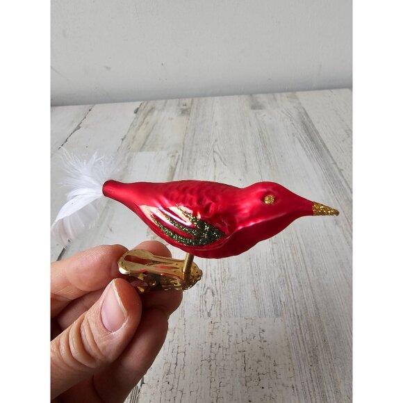 Glass bird ornament clip red glitter feather mini Xmas tree - Picture 1 of 7